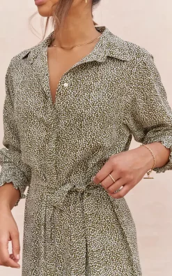 Charli Long Sleeve Maxi Shirt Dress In Khaki Print -DRESSES SHOP ALINA DRESS KHAKI SPOTTED DRESS 13