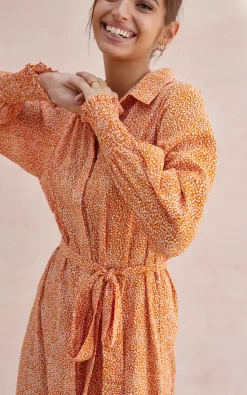 Charli Long Sleeve Maxi Shirt Dress In Orange Print