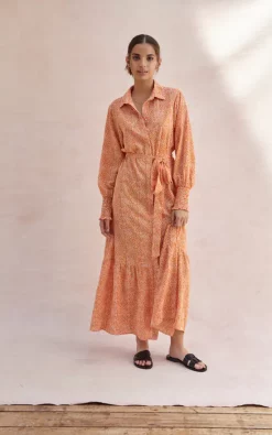 Charli Long Sleeve Maxi Shirt Dress In Orange Print -DRESSES SHOP ALINA DRESS ORANGE PRINT 2