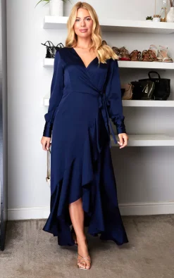 ANGELEYE Long Sleeve Asymmetrical Maxi Wrap Dress In Navy