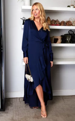 ANGELEYE Long Sleeve Asymmetrical Maxi Wrap Dress In Navy -DRESSES SHOP ANGEL EYE 26