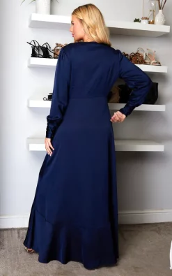 ANGELEYE Long Sleeve Asymmetrical Maxi Wrap Dress In Navy -DRESSES SHOP ANGEL EYE 45