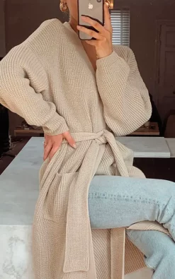 Pretty Lavish Arden Midi Tie Cardigan Light Beige -DRESSES SHOP Arden Midi Tie Cardigan Light Beige