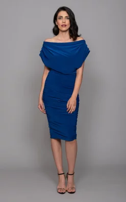 ATOM LABEL Oxygen Dress – Off Shoulder Ruched Bodycon – Cobalt