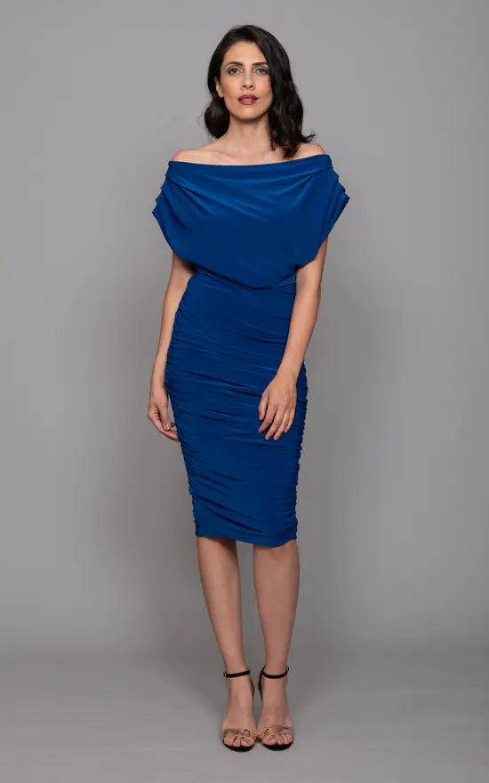 ATOM LABEL Oxygen Dress – Off Shoulder Ruched Bodycon – Cobalt 1 ATOM LABEL Oxygen Dress – Off Shoulder Ruched Bodycon – Cobalt