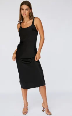 SNDYS Black Satin Midi Dress
