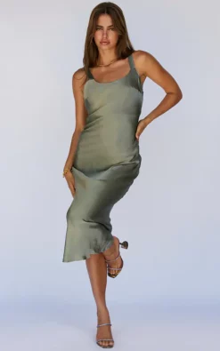 SNDYS Khaki Satin Midi Dress -DRESSES SHOP Avani Dress Khaki 1