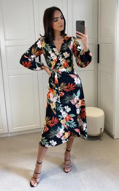 D.Anna Wrap Dress With Long Sleeves And Belt Fastening In Multicolour Floral Print