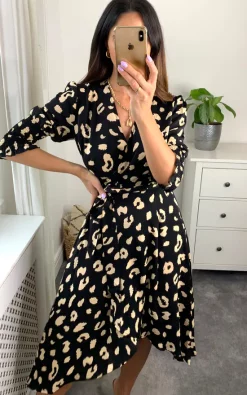 D.Anna Black/Cream Leopard Print Wrap Dress With Midi Sleeves -DRESSES SHOP D.anna Naomi 20.05.2263