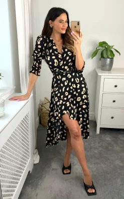 D.Anna Black/Cream Leopard Print Wrap Dress With Midi Sleeves