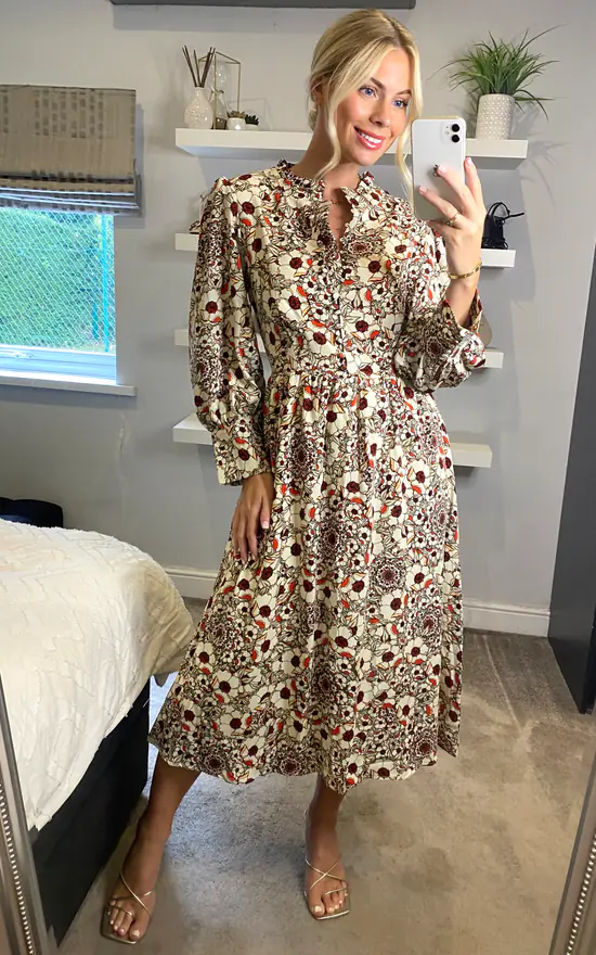 D.Anna Multicolour Floral Long Sleeves Midi Dress With Fill Detail And Covered Buttons 1 D.Anna Multicolour Floral Long Sleeves Midi Dress With Fill Detail And Covered Buttons