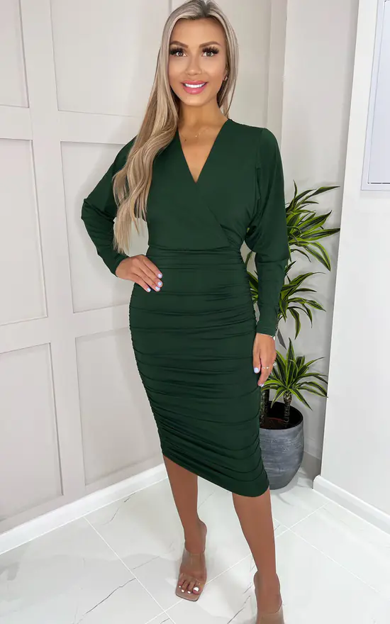 AX Paris Forest Green Ruched Wrap Top Midi Dress 1 AX Paris Forest Green Ruched Wrap Top Midi Dress