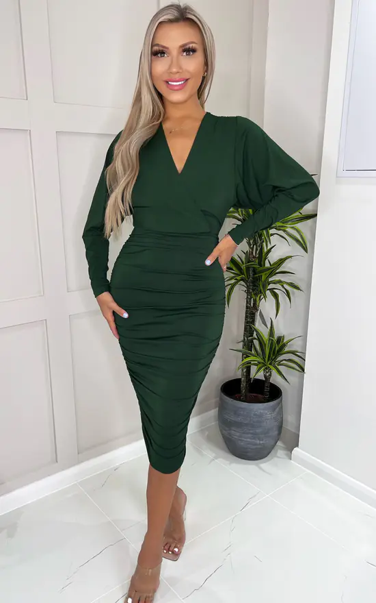 AX Paris Forest Green Ruched Wrap Top Midi Dress 2 AX Paris Forest Green Ruched Wrap Top Midi Dress - Image 2