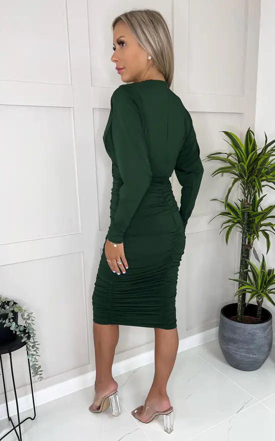 AX Paris Forest Green Ruched Wrap Top Midi Dress 3 AX Paris Forest Green Ruched Wrap Top Midi Dress - Image 3
