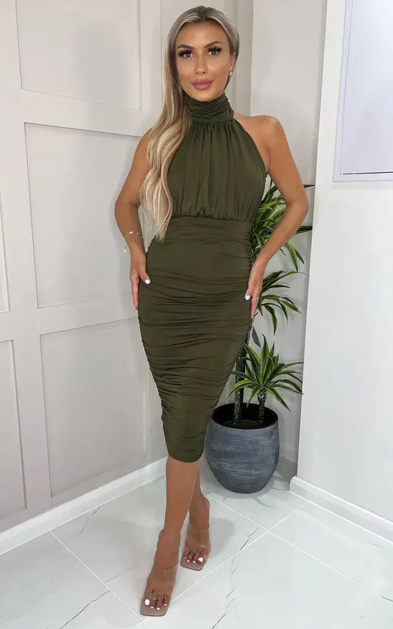 AX Paris Olive Ruched High Neck Midi Dress 2 AX Paris Olive Ruched High Neck Midi Dress - Image 2