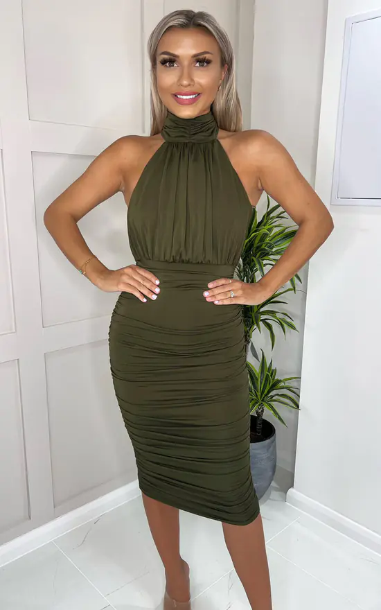 AX Paris Olive Ruched High Neck Midi Dress 1 AX Paris Olive Ruched High Neck Midi Dress