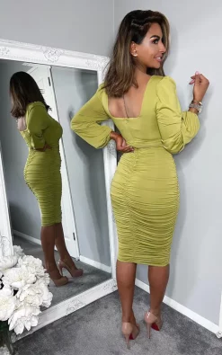 AX Paris Lime Square Neck Ruched Long Sleeve Midi Dress -DRESSES SHOP DA1154LIME 3