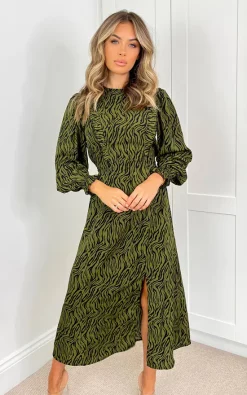 AX Paris Khaki Animal Print Long Sleeve Ruffle Front Midi Dress