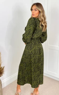 AX Paris Khaki Animal Print Long Sleeve Ruffle Front Midi Dress -DRESSES SHOP DA1337KHAKI 3