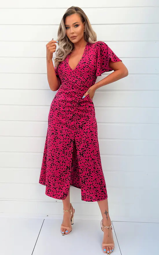AX Paris Pink And Black Printed Split Skirt Midi Dress 2 AX Paris Pink And Black Printed Split Skirt Midi Dress - Image 2