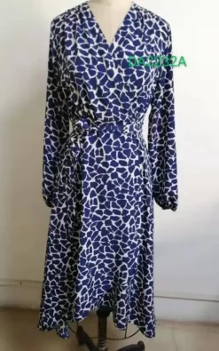 D.Anna Animal Print Long Sleeve Wrap Dress And Belt Fastening In Blue -DRESSES SHOP DA2232A..