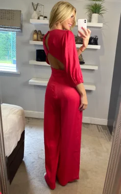 Edie B. Plunge V Neck Puff Sleeve Wide Leg Jumpsuit In Red -DRESSES SHOP EdieB Sasha 20.06.2214