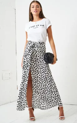 Love Frontrow White And Black Leopard Print Maxi Wrap Skirt