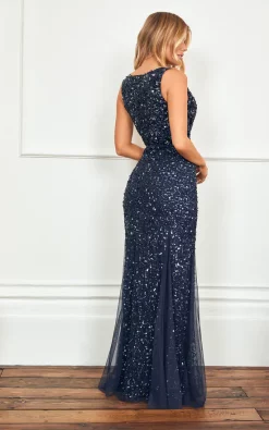 Sistaglam Giselle Navy Sequin Maxi Dress Featuring Inserts -DRESSES SHOP GISELLE NAVY BACK P54853
