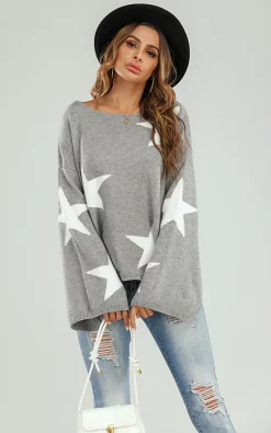 FS Collection Wide Sleeve Oversize Grey Jumper With White Star -DRESSES SHOP IMG 0583