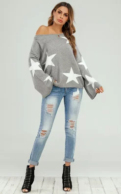 FS Collection Wide Sleeve Oversize Grey Jumper With White Star