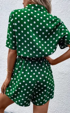 FS Collection Relaxed Button Down Playsuit In Green With White Polka Dot Print -DRESSES SHOP IMG 2742