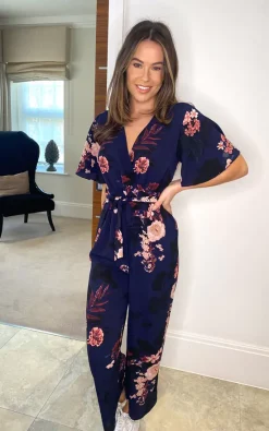Girl In Mind Trixie Angel Sleeve Culotte Jumpsuit Navy Floral