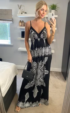 Izabel London Black And White Mosaic Print Maxi Dress