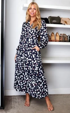Jolie Moi Nancy Long Sleeve Maxi Dress, Navy White Floral