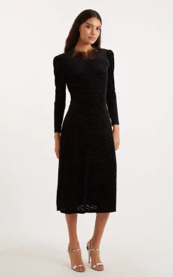 Louche Krystel Zebra Devore Feather Trim Midi Dress Black