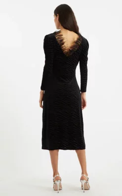 Louche Krystel Zebra Devore Feather Trim Midi Dress Black -DRESSES SHOP KRYSTEL ZEBRA DEVORE BLACK XMAS 22 2