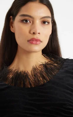 Louche Krystel Zebra Devore Feather Trim Midi Dress Black -DRESSES SHOP KRYSTEL ZEBRA DEVORE BLACK XMAS 22 3