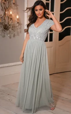 Sistaglam Lillis Embellished Lace Maxi Dress In Sage Green