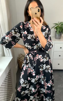 Lilura London Midi Wrap Dress In Black Floral Print -DRESSES SHOP Lilura Naomi 15.06.2235