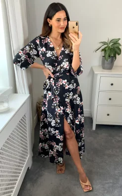 Lilura London Midi Wrap Dress In Black Floral Print
