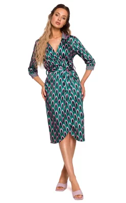 MOE Wrap Dress Tied At Waist In Green Print -DRESSES SHOP M668 MODEL1 3b