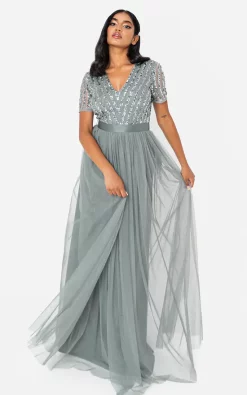 Maya Deluxe Misty Green Stripe Embellished Maxi Dress With Sash Belt