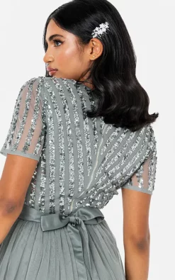 Maya Deluxe Misty Green Stripe Embellished Maxi Dress With Sash Belt -DRESSES SHOP MAYA ICONS JUN22 170