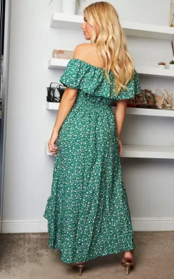 Mela London Ditsy Daisy Printed Dipped Hem Bardot Dress In Green -DRESSES SHOP MELA 145