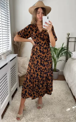 Miss Floral Leopard Print Short Sleeve Maxi Wrap Dress In Brown -DRESSES SHOP MF D 1002X LEOPARD 1 SF