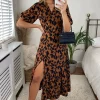 Miss Floral Leopard Print Short Sleeve Maxi Wrap Dress In Brown