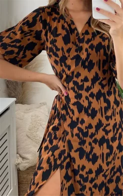 Miss Floral Leopard Print Short Sleeve Maxi Wrap Dress In Brown -DRESSES SHOP MF D 1002X LEOPARD 6 SF