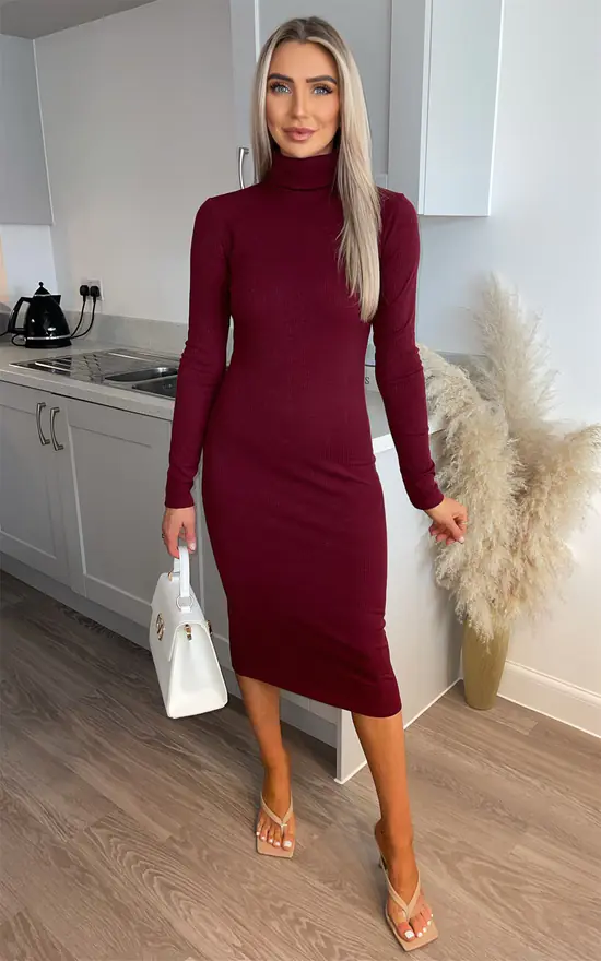 Miss Floral Long Sleeves Turtle Neck Bodycon Knitted Midi Dress In Burgundy 1 Miss Floral Long Sleeves Turtle Neck Bodycon Knitted Midi Dress In Burgundy