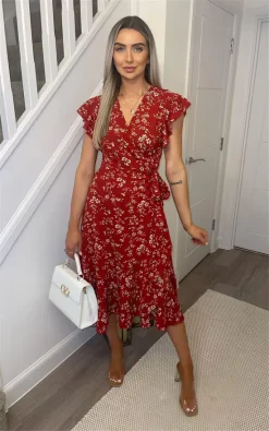 Miss Floral Red Frill Shoulder Sleeve Floral Midi Wrap Dress