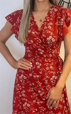 Miss Floral Red Frill Shoulder Sleeve Floral Midi Wrap Dress -DRESSES SHOP MF D 1056 5 SF